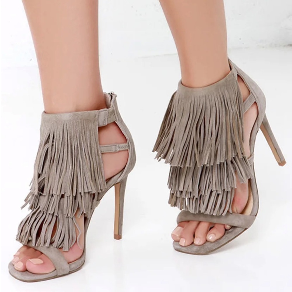 Steve Madden Fringly Taupe Suede Leather Dress Sandal, 8.5